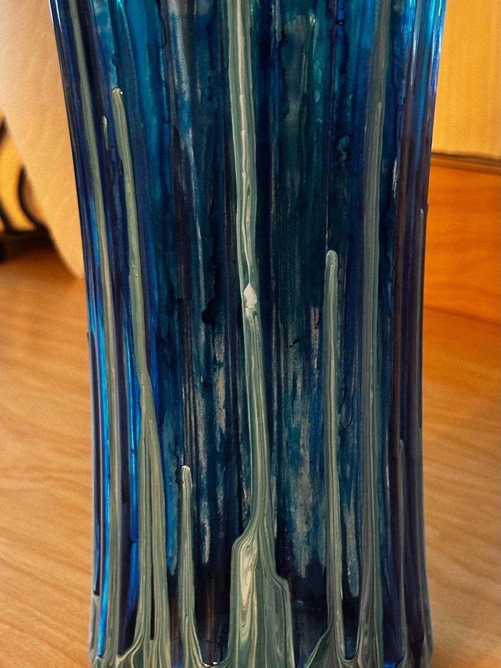 Hand crafted Blue abstract Glass Decorative Vase with Silver lid